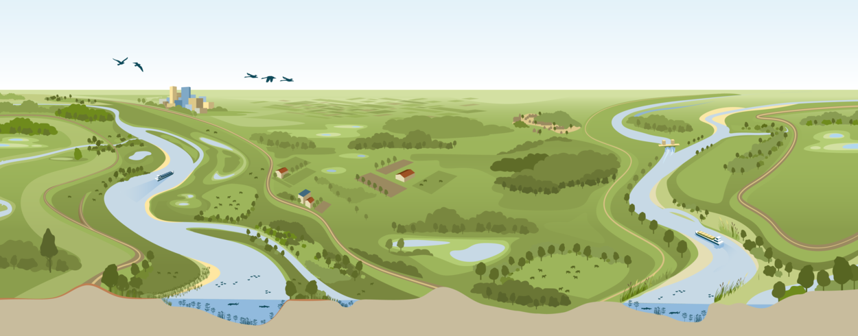 Een schets van het Rivierengebied in het streefbeeld, gezien vanuit de lucht. Langs de rivieren liggen ruime, groene uiterwwaarden en ook binnendijks is er natuur. Er liggen ook dorpen en steden en is er beroepsscheepvaart op de rivieren.