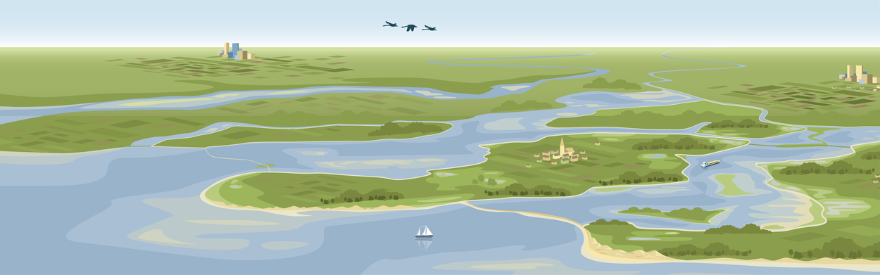 Een schets van de Rijn-, Maas- en Scheldemonding, gezien vanuit de lucht: de Zeeuwse en Zuid-Hollandse deltawateren met dammen en keringen, rivieren die hier uitmonden en ondiepe kustzone. Er liggen dorpen en steden in het gebied en er is beroeps- en recreatievaart.