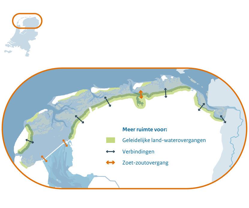 Een kaart van de Waddenzee die schematisch het streefbeeld weergeeft. Er is meer ruimte voor geleidelijke land-waterovergangen langs de oevers, verbindingen tussen de Waddenzee en het binnenland en voor zoet-zoutovergangen bij de Afsluitdijk en het Lauwersmeer.